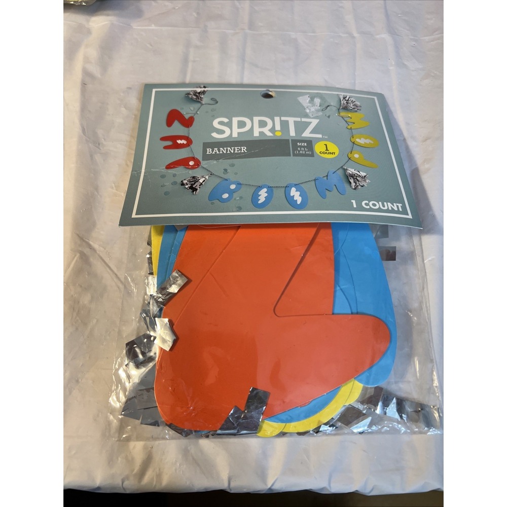 New Spritz Banner (LS4) 6ft Zap, Boom, Pow Superhero Theme 1 Count Red, Blue